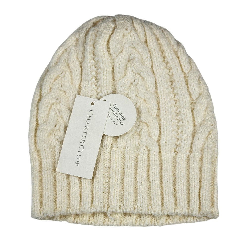 Charter Club Women's Ivory Cable Knit Wool Blend Beanie Hat Cream One Size NEW